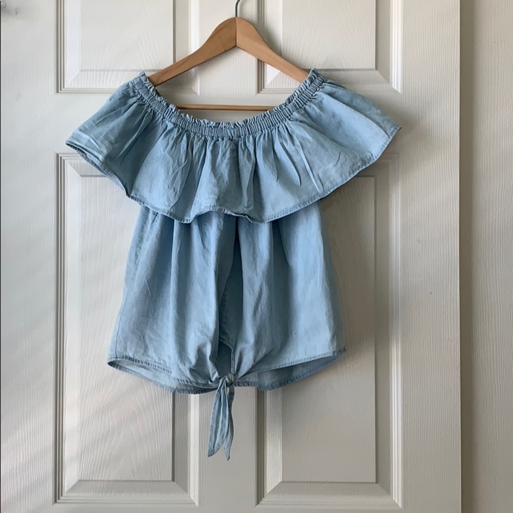 Derek Heart Off the Shoulder Chambray Blouse